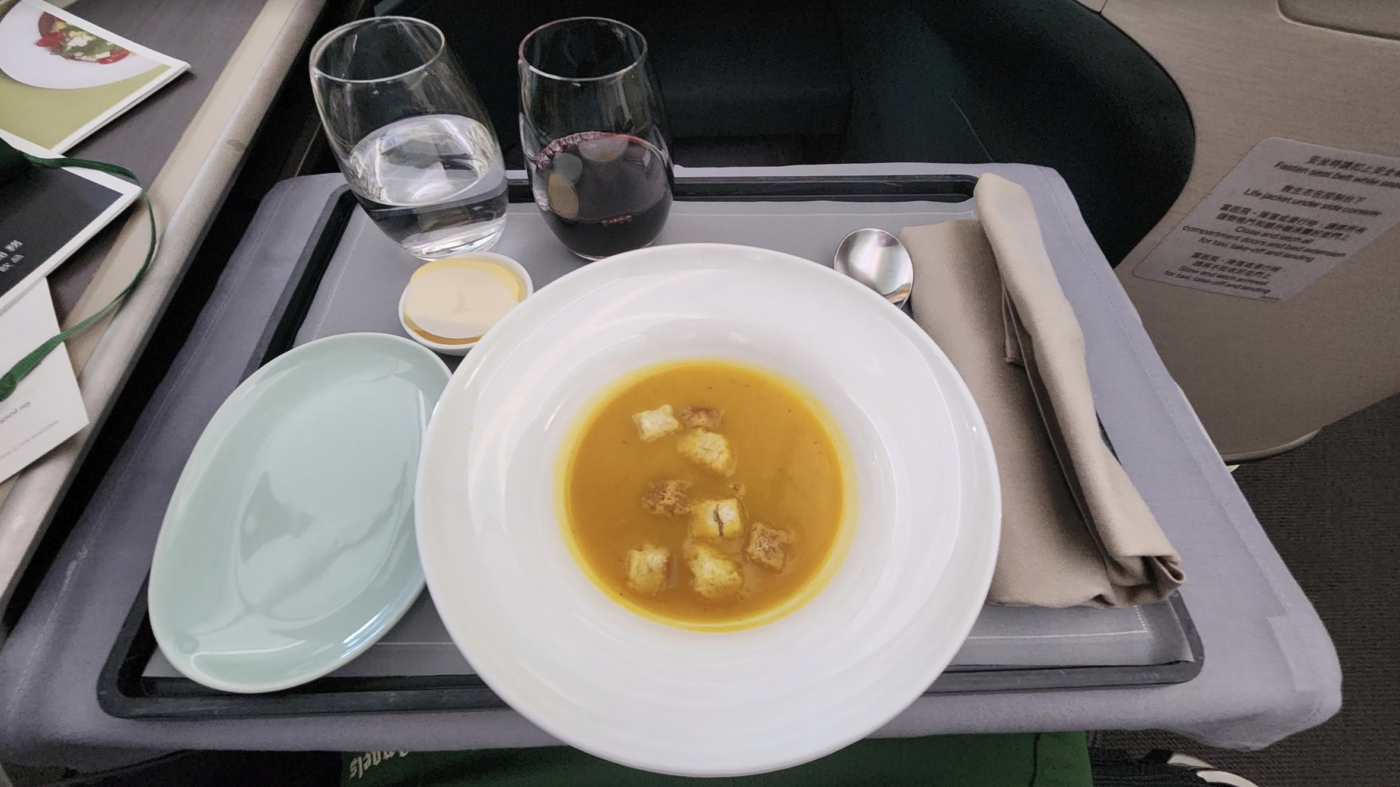 Soup and wine on Cathay Pacific business class